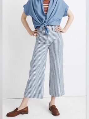 Madewell Emmett Wide-Leg Crop Pants in Herringbone Railroad Stripe Blue White 26